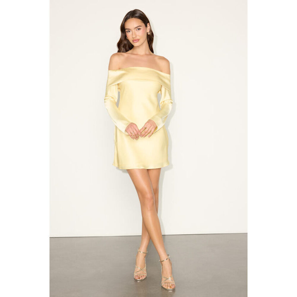 Lulus Luxurious Vision Light Yellow Satin Off-the-shoulder Mini Dress - Size M